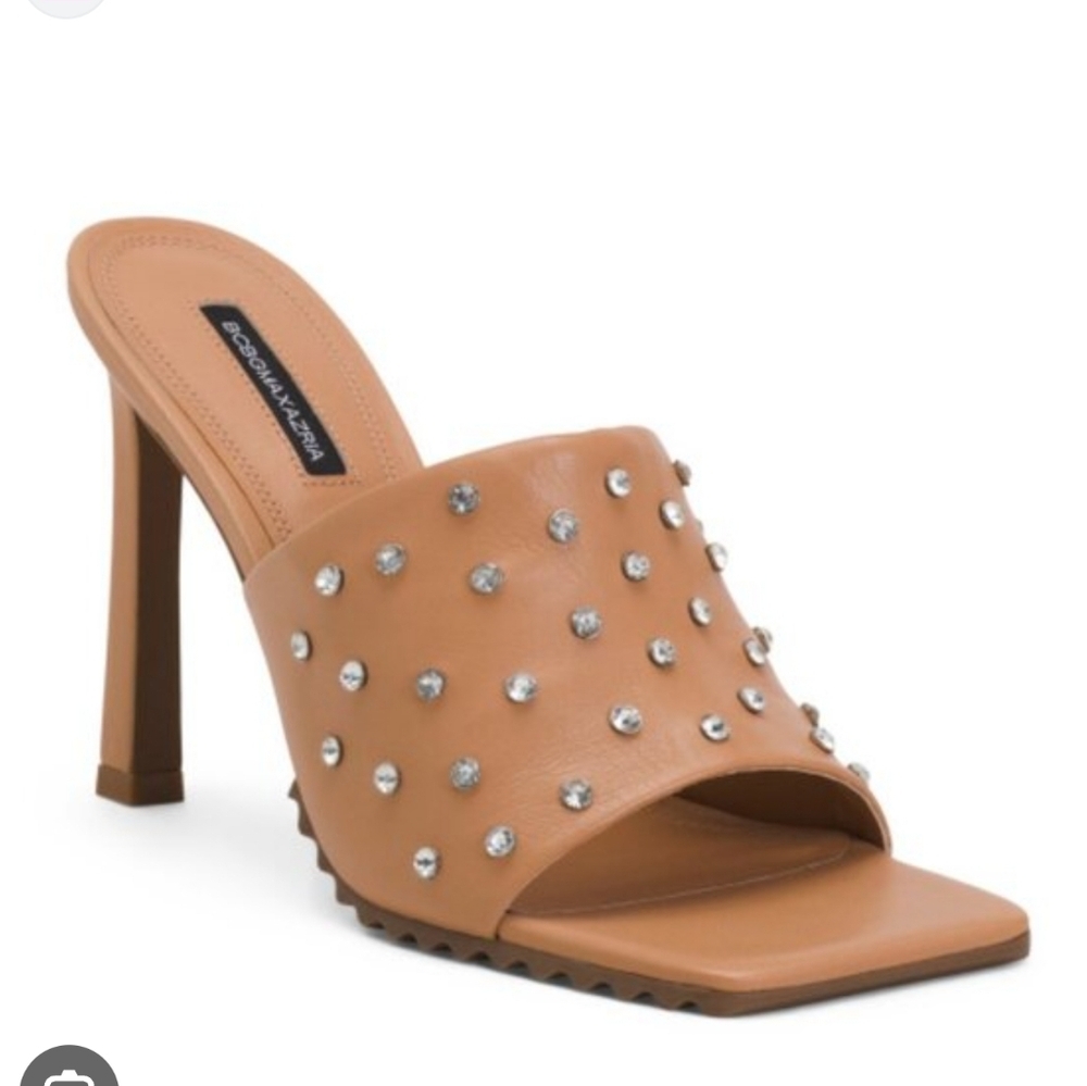 BCBGMAXAZRIA Porsha Rhinestone Square Toe Slide Heels Tan Mules Size 10 NWOT